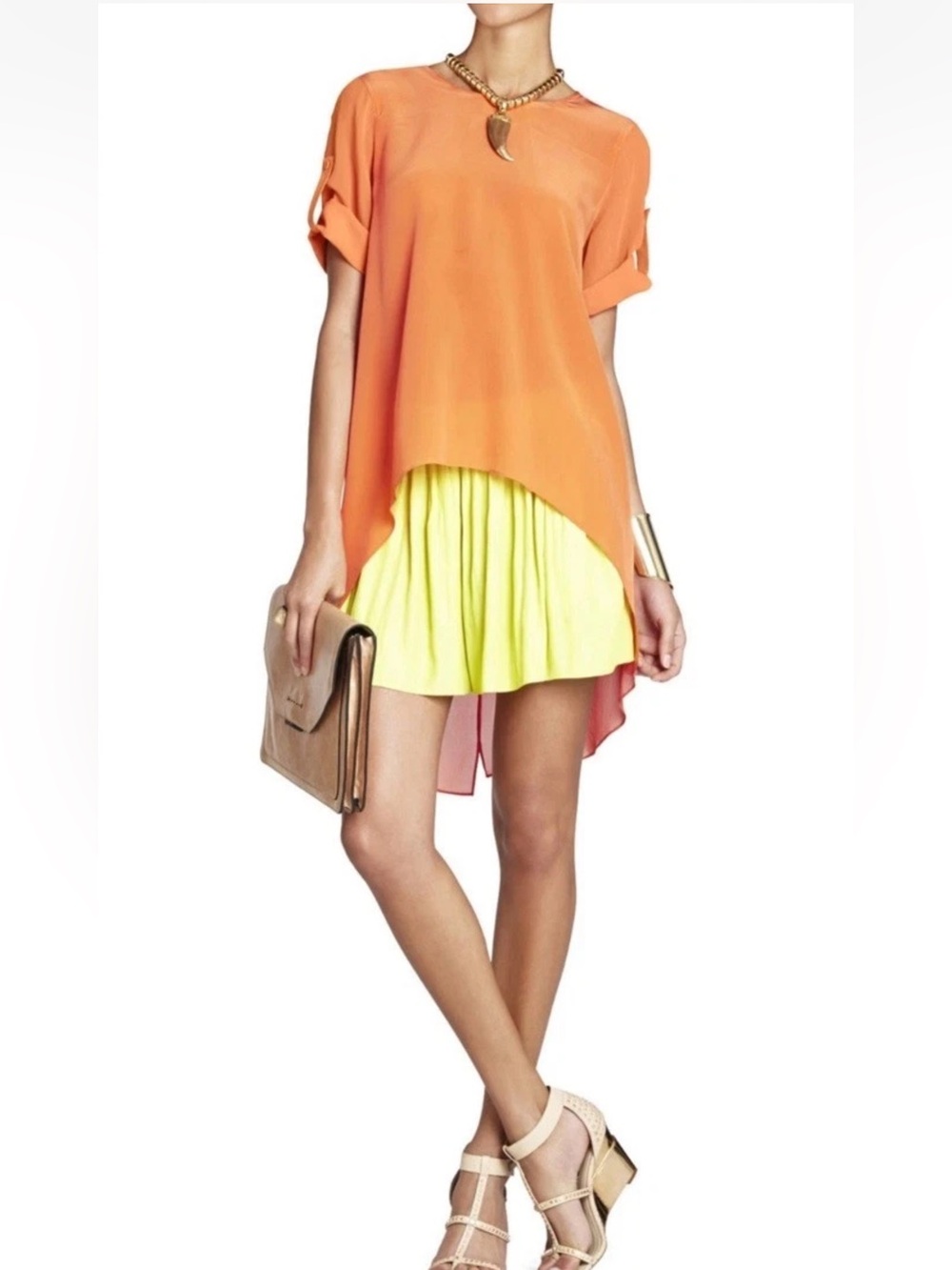 BCBGMaxazria Sunset Orange Caterina Split-Back Silk Tunic Blouse Elegant Sz M